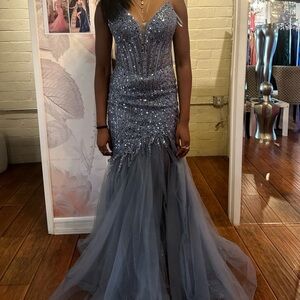 Silver Sleeveless V-Neck Prom Gown